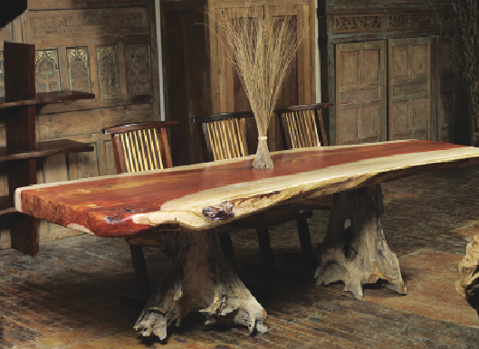 A “live edge” table made of Ingas wood from a salvaged old log, and reclaimed root stumps found on a teak plantation in Indonesia. Photo by James Wade