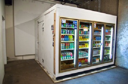 “Mandies, 2010,” a beer installation, and a bar  for one, exhibited last fall at ARCH Collective in Bushwick. Photo courtesy of Andrew Ohanesian