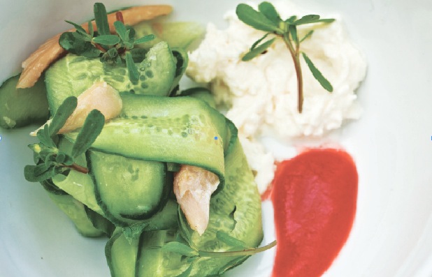 The plate features cucumber, purslane, straciatella with shards of smoked trout. (