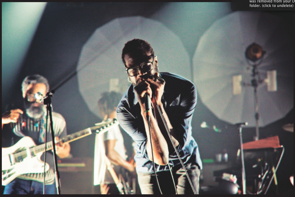 TVOTR surprise performance at Music Hall of Williamsburg in April, two days before their big Radio City Music Hall appearance. (Tunde Adebimpe taking center stage, with Kyp Malone, left, and Jaleel Bunton.) Photo by Benjamin Lozovsky