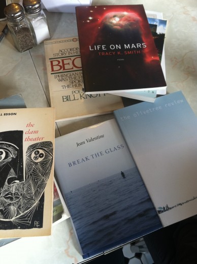 All the books you see in this post aren't mine -- they belong to Alanna Wray, who got her poetry M.F.A. from Hunter and introduced me to a whole lotta great poetry.