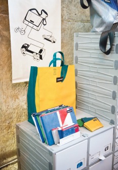 Painting by Anna-Lisa Marjak, one-of-a-kind Freitag bags made in Switzerland