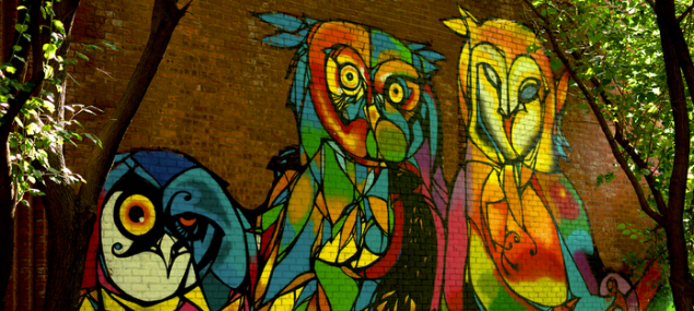 street art of dumbo, owl on brick wall